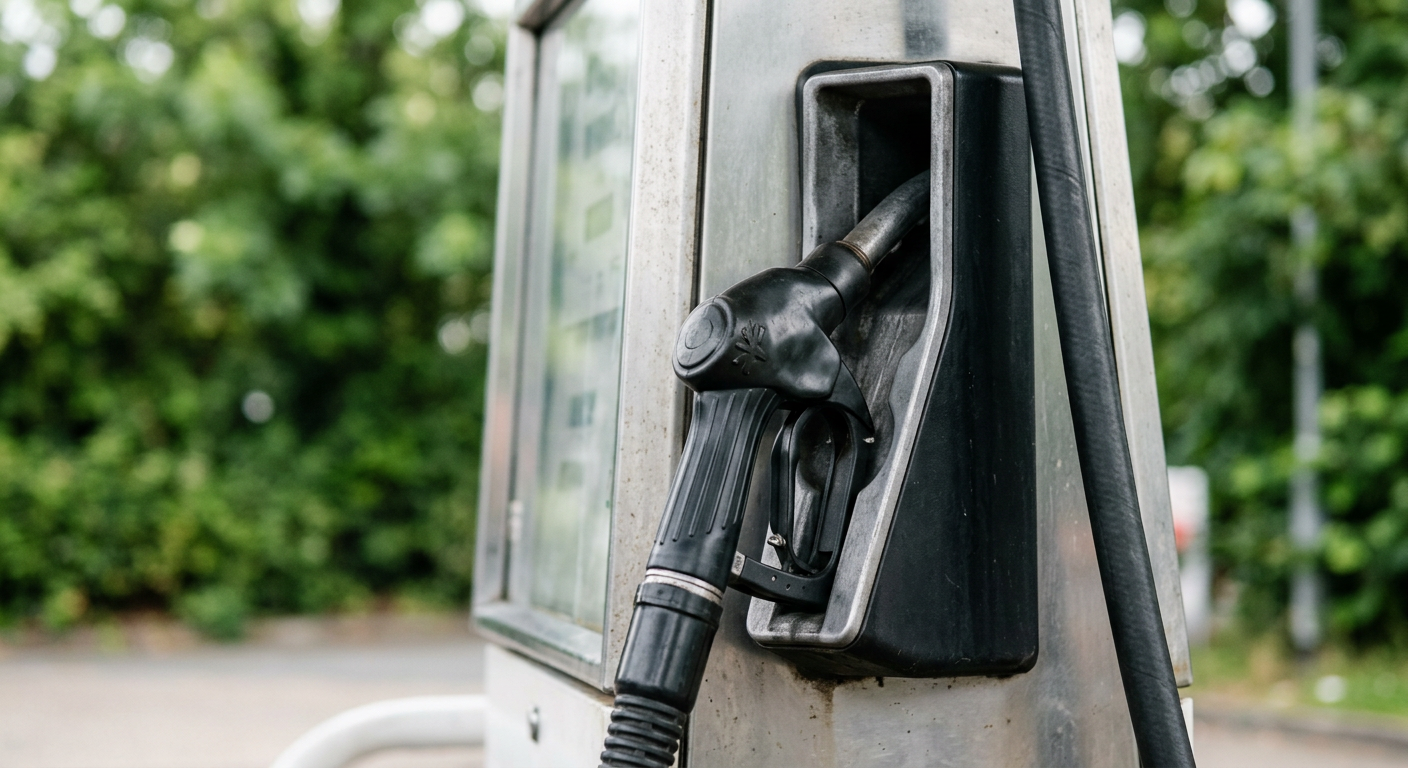 Close-up of a fuel nozzle resting in a bowser with green foliage behind