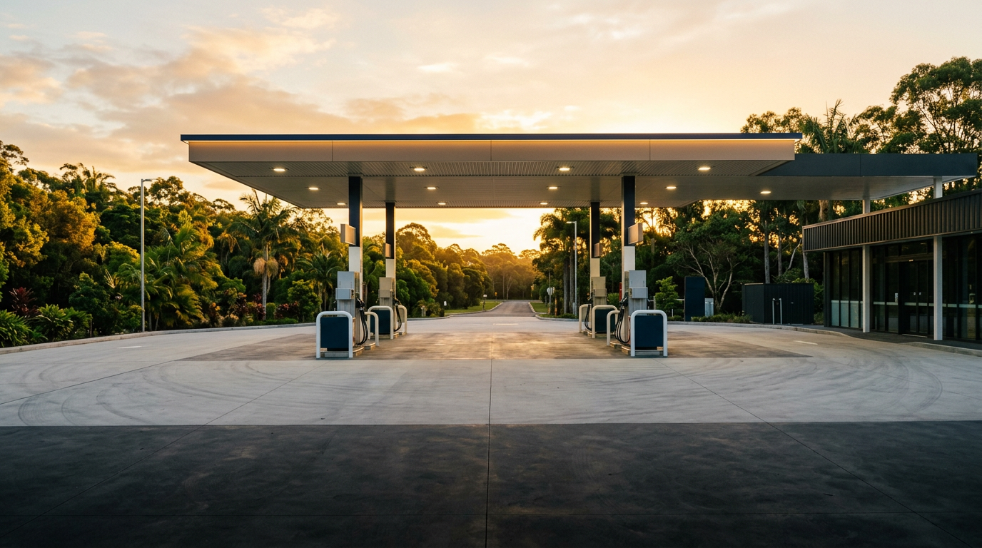 Fuel bowsers under a canopy at a petrol station forecourt surrounded by green trees at sunset